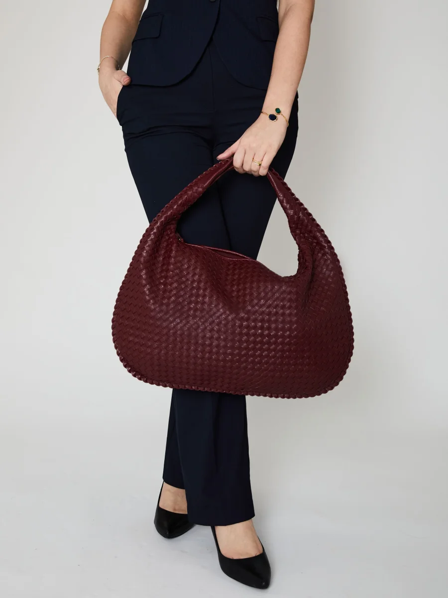 Bordeauxrood Luxe Dames Handtas met Gevlochten Design - Afbeelding 2