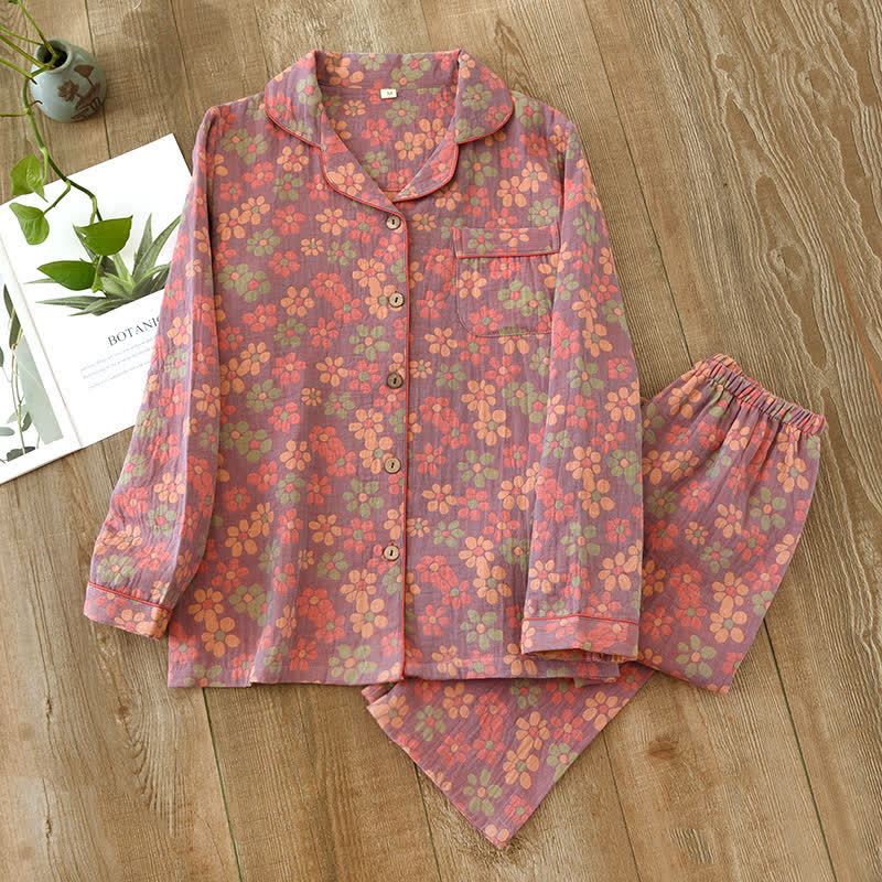Katoenen Gaas Lange Mouwen Pyjama Set - Afbeelding 5