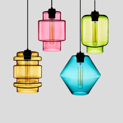Cilindrische Hanglamp Glas Roze/Geel/Blauw Plafondlamp - Afbeelding 2