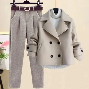 Dames Blazer Broek Set met Ceintuur en Dubbele Knopen