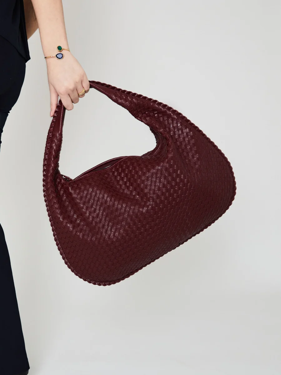 Bordeauxrood Luxe Dames Handtas met Gevlochten Design - Afbeelding 6