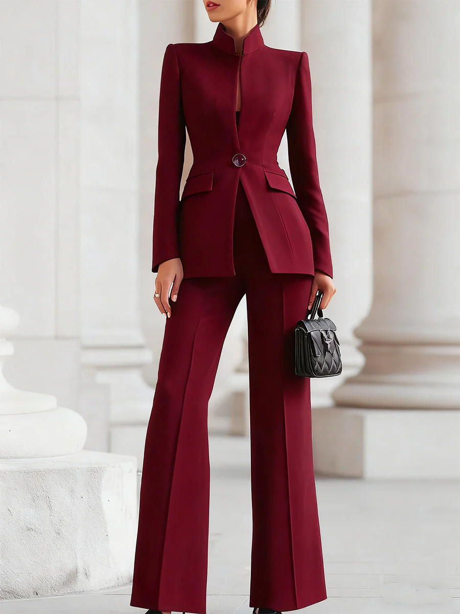 Stijlvolle Dames Getailleerde Blazer Set Met En Wijde Pijpen - Afbeelding 8