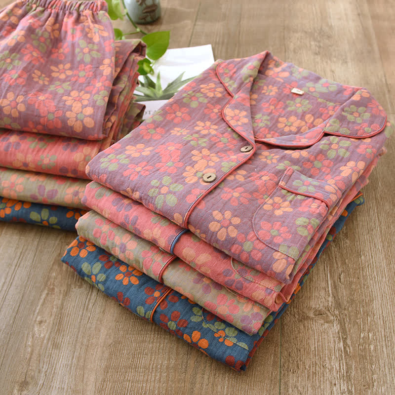 Katoenen Gaas Lange Mouwen Pyjama Set - Afbeelding 2