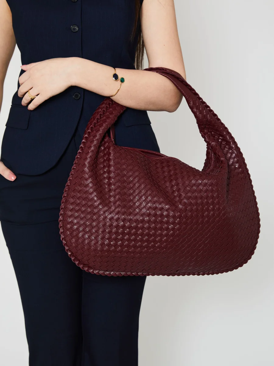 Bordeauxrood Luxe Dames Handtas met Gevlochten Design - Afbeelding 5