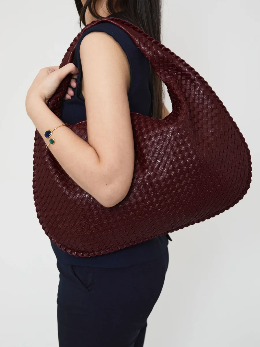 Bordeauxrood Luxe Dames Handtas met Gevlochten Design - Afbeelding 3
