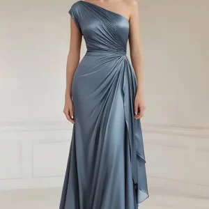 Eén Schouder Grijs Blauw Rimpeld Formeel Jurk