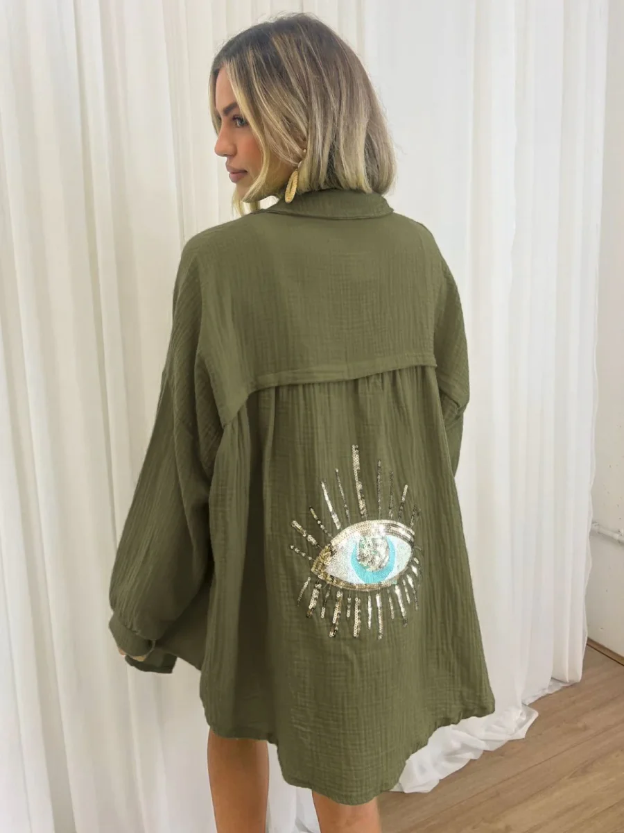 Avenari | Dames Kimono Tussenjas – Oversized Pasvorm – Lichtgewicht Gauze – Geborduurd Oog Design - Afbeelding 3