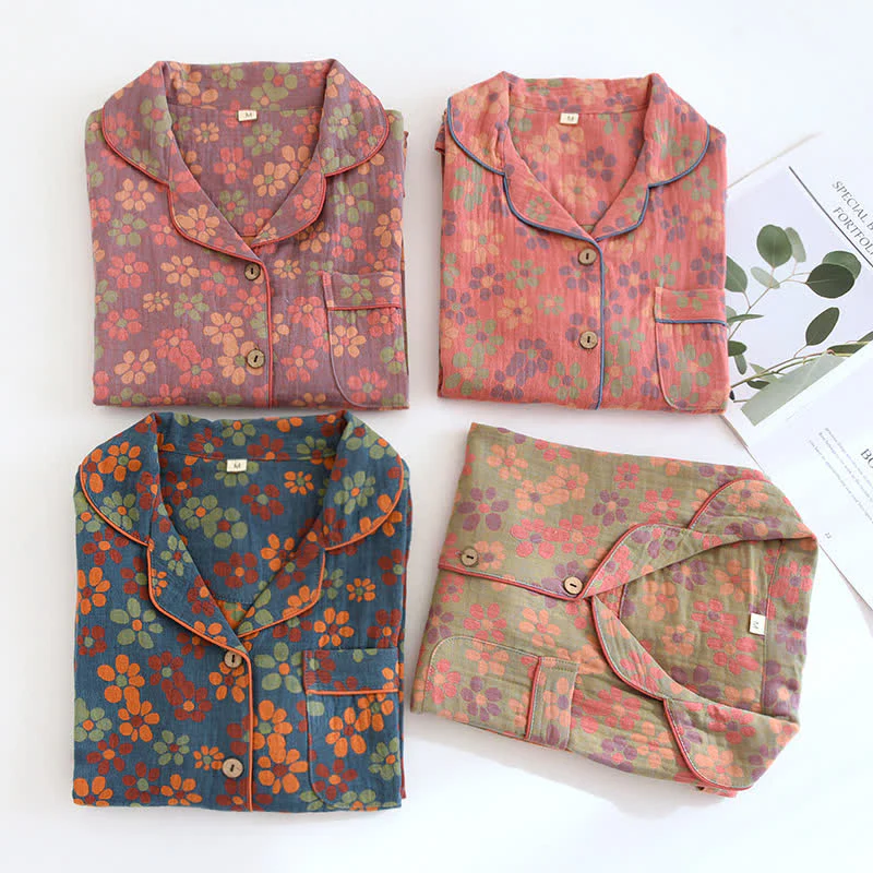 Katoenen Gaas Lange Mouwen Pyjama Set - Afbeelding 3