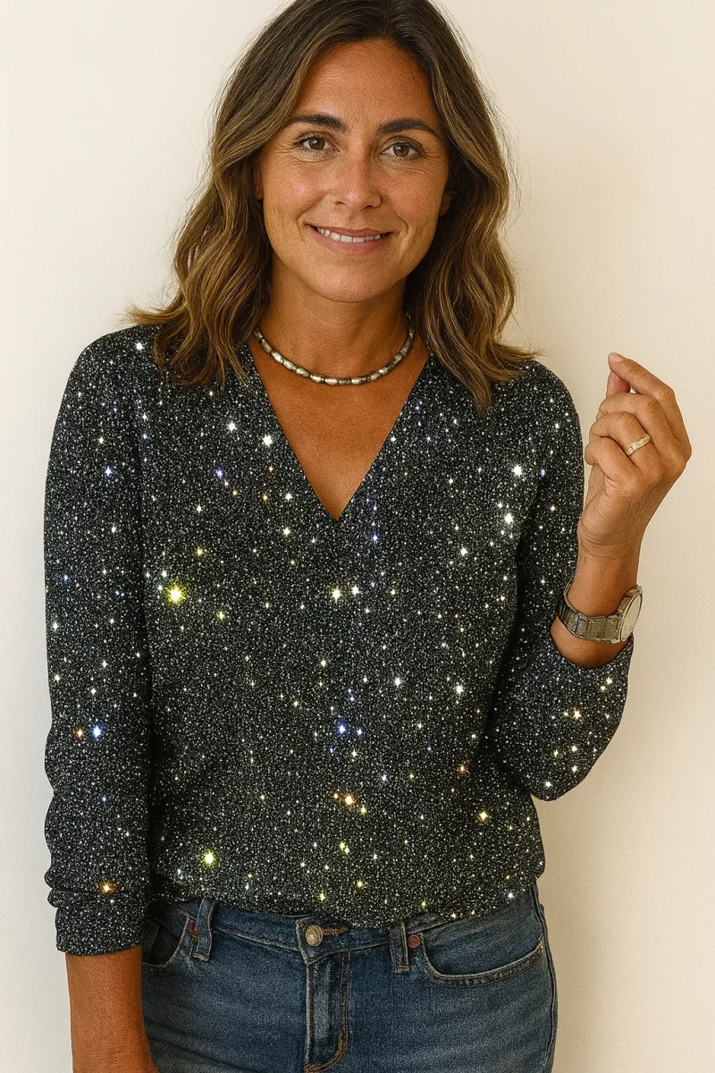 Luxe Vrouwen Glitter V-hals Blouse met Lange Mouwen - Afbeelding 3