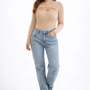Warme Dames Gebreide Top met Cut Out en Lange Mouwen