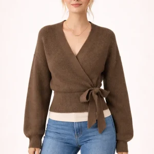 Warme Vrouwen Wikkel Vest Gebreid met Tailleband en V Hals