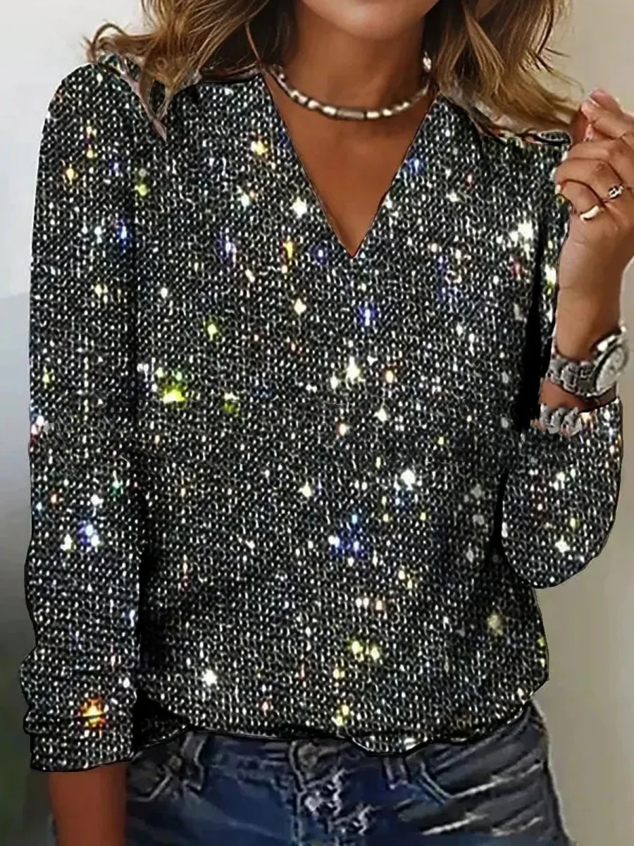Luxe Vrouwen Glitter V-hals Blouse met Lange Mouwen - Afbeelding 4