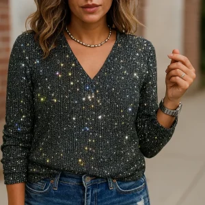 Luxe Vrouwen Glitter V-hals Blouse met Lange Mouwen
