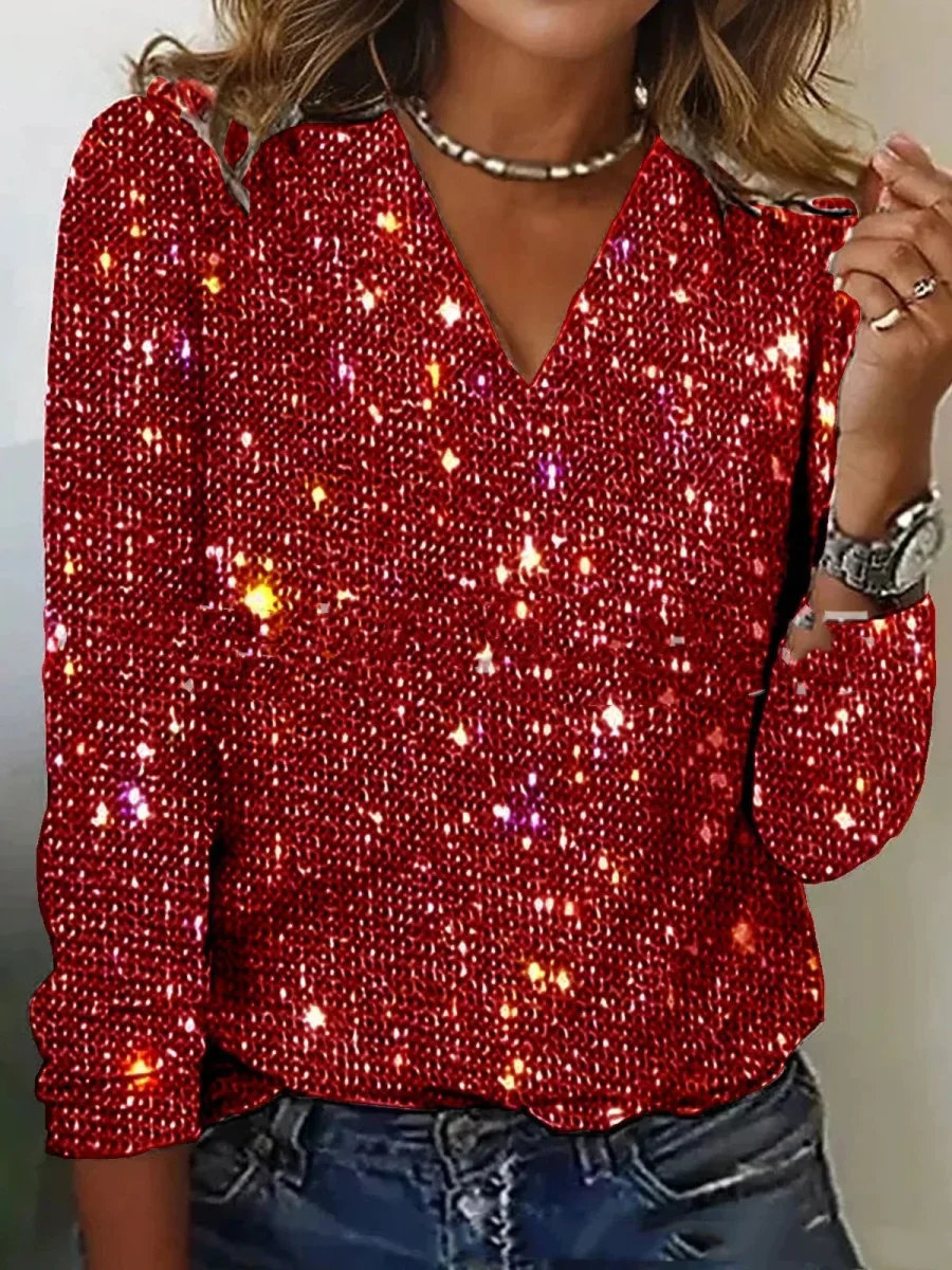 Luxe Vrouwen Glitter V-hals Blouse met Lange Mouwen - Afbeelding 6