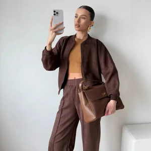 Trendy Dames Tweedelige Set Met Korte Jacket en Wijde Broek
