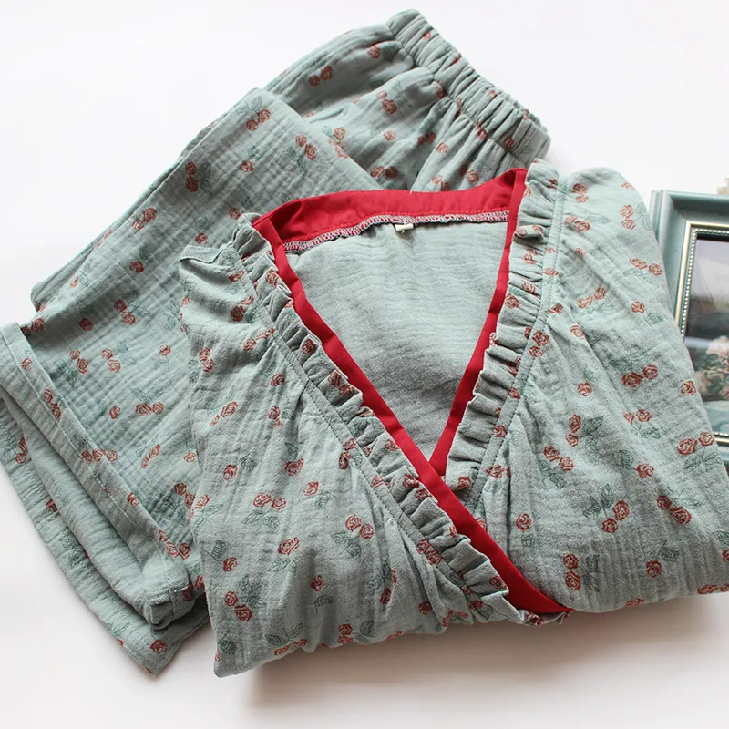 Kimono Plattelandsroos Katoenen Gazen Pyjama Set - Afbeelding 5