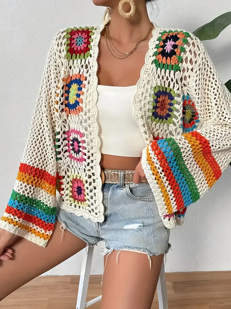 Boho luchtige dames cardigan met gehaakt patroon en wijde mouwen - Afbeelding 2
