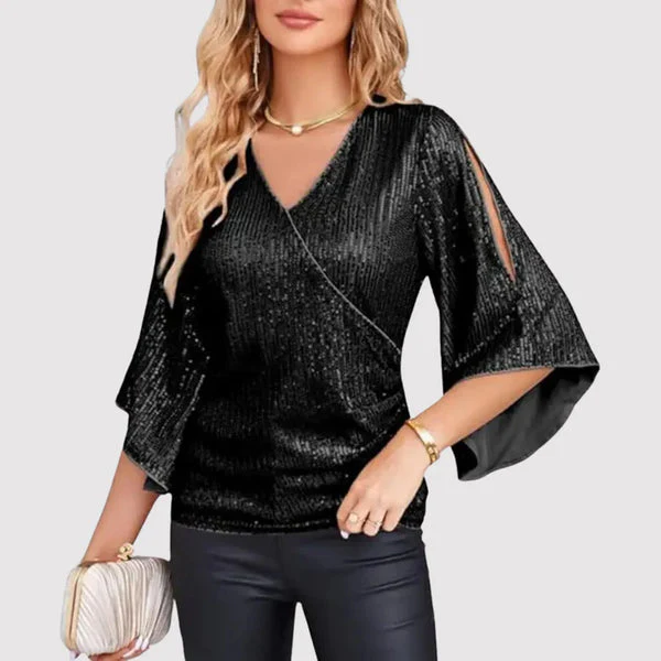 Dames Elegante Blouse met V-Hals en Wijde Mouwen - Afbeelding 2