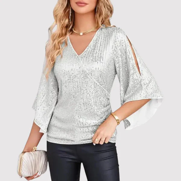 Dames Elegante Blouse met V-Hals en Wijde Mouwen - Afbeelding 4
