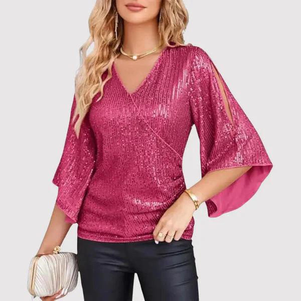 Dames Elegante Blouse met V-Hals en Wijde Mouwen - Afbeelding 5