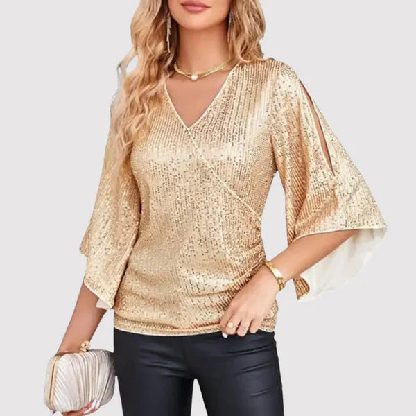 Dames Elegante Blouse met V-Hals en Wijde Mouwen - Afbeelding 6