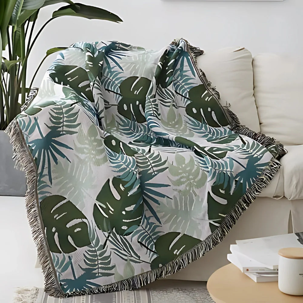 Bankhoes Cover Met Palmenpatroon En Kwastjes Zacht En Reversibel - Afbeelding 2