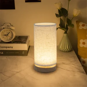 LED Tafellamp met Grijze Linnen Lampenkap en Houten Basis - Warm Wit Licht voor Gezellige Sfeer, 3W Energiezuinig