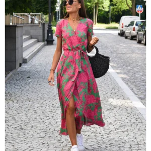 Luchtige Zomer Dames Midi Jurk Met V Hals En Korte Mouwen