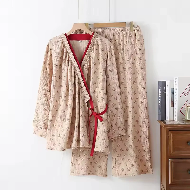 Kimono Plattelandsroos Katoenen Gazen Pyjama Set - Afbeelding 6