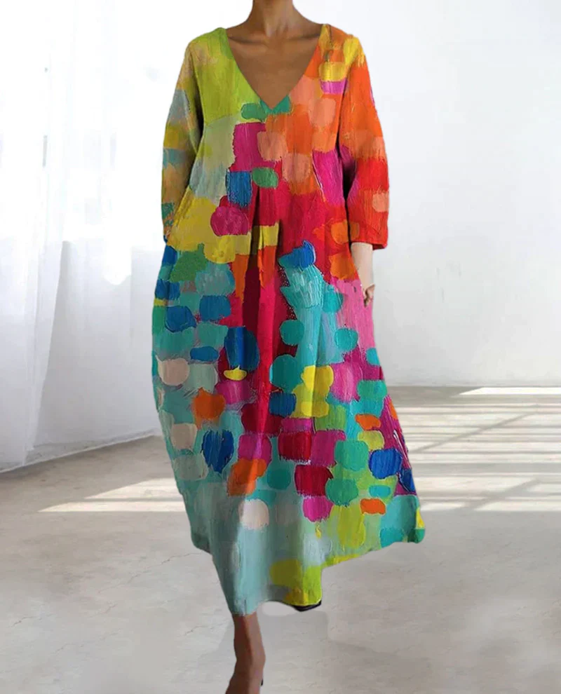 Zomerse Dames Oversized Midi Jurk Met V Hals En Print - Afbeelding 4