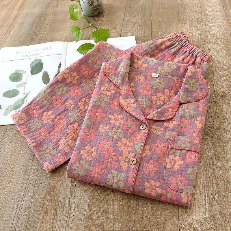Katoenen Gaas Lange Mouwen Pyjama Set - Afbeelding 7