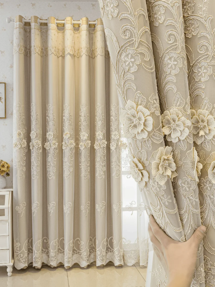 Luxe Verduisterende Gordijnen met 3D Bloemenborduurwerk – Crème Fluweel Raamdecoratie voor Optimale Lichtblokkering - Afbeelding 4