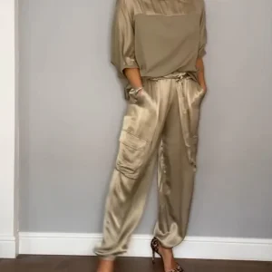 Chique Dames Satijnen Cargo Set met Top en Hoge Taille Broek