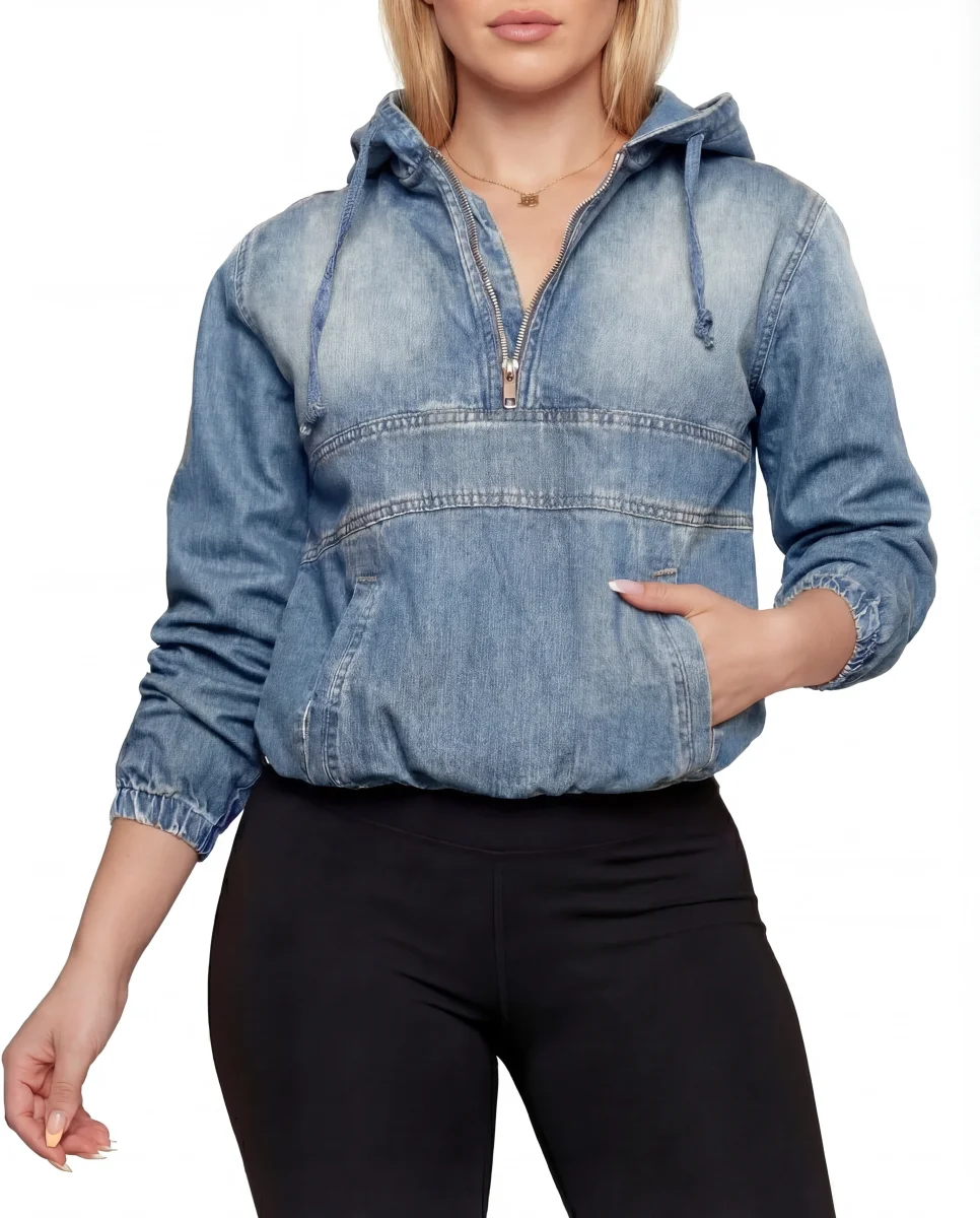 Casual Dames Denim Hoodie Met Zakken En Lange Mouwen - Afbeelding 2